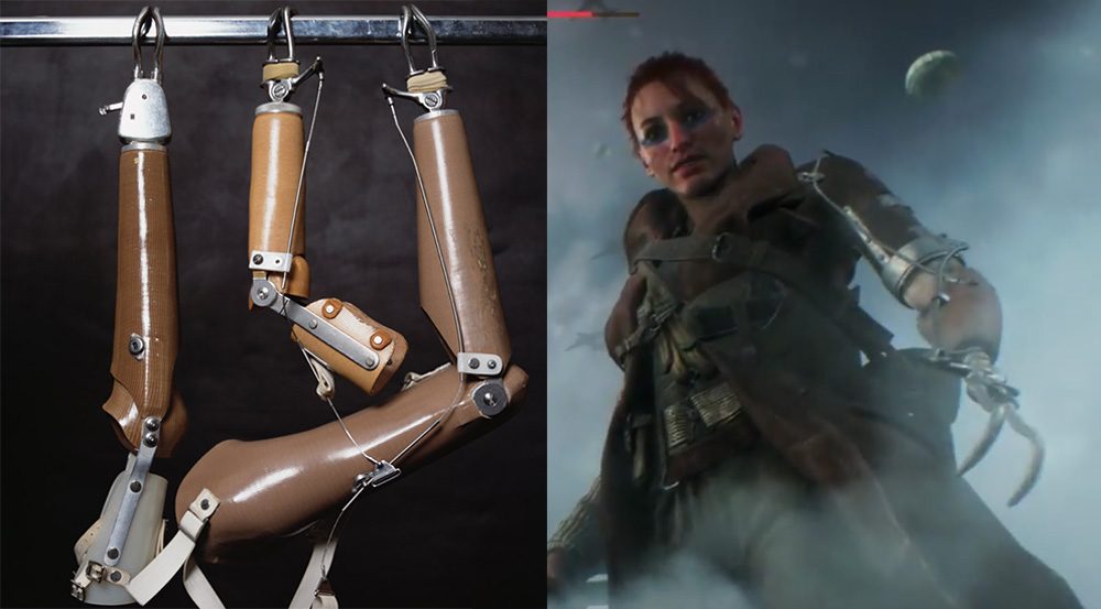 Battlefield V: prótese usada na Segunda Guerra Mundial no braço de uma mulher personagem do jogo.