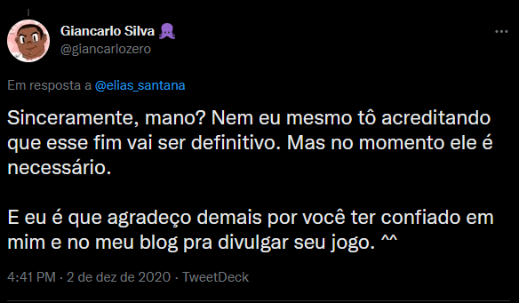 Tweet de Giancarlo Silva em resposta ao Elias, agradecendo a ele pelo apoio.